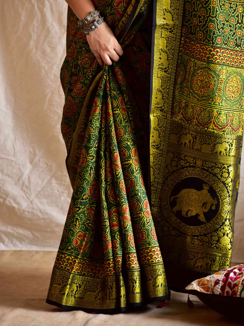 Fiza - Ajrakh Dola Silk zari border Saree