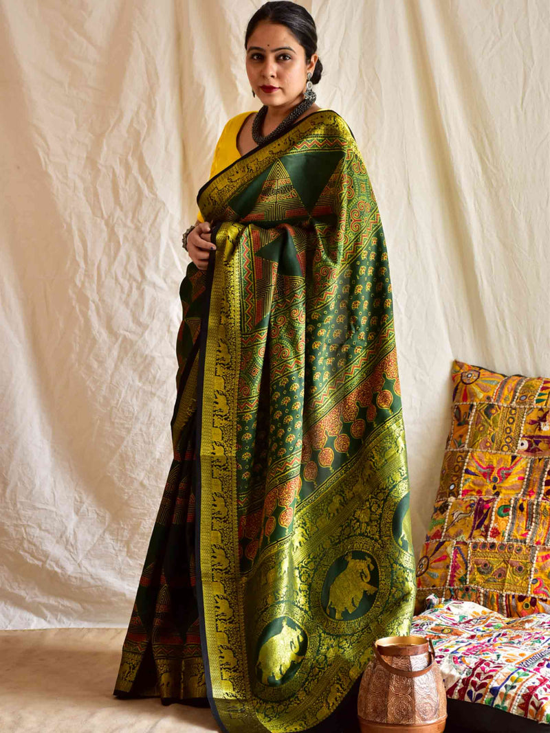 Ria - Ajrakh Dola Silk zari border Saree