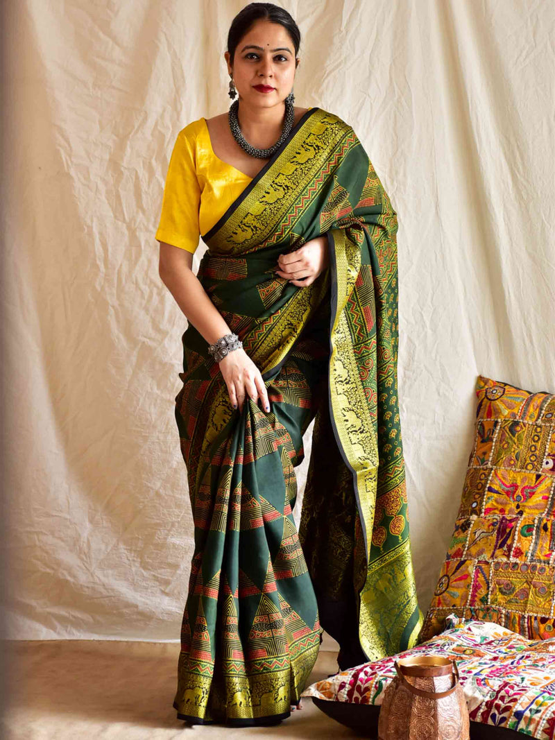 Ria - Ajrakh Dola Silk zari border Saree