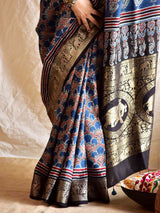 mona - Ajrakh Dola Silk zari border Saree