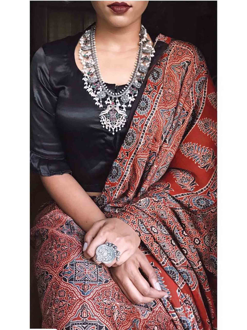 Black Ajrakh hand block printed Modal silk saree