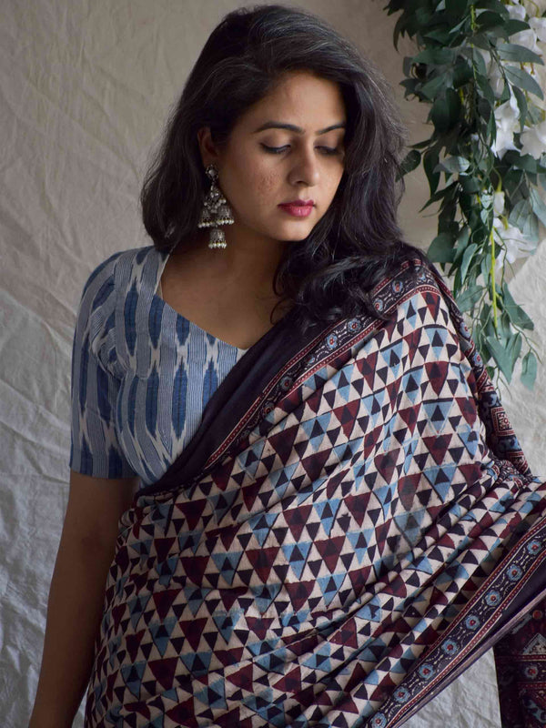 Trikona -  Ajrakh hand block printed mul cotton saree