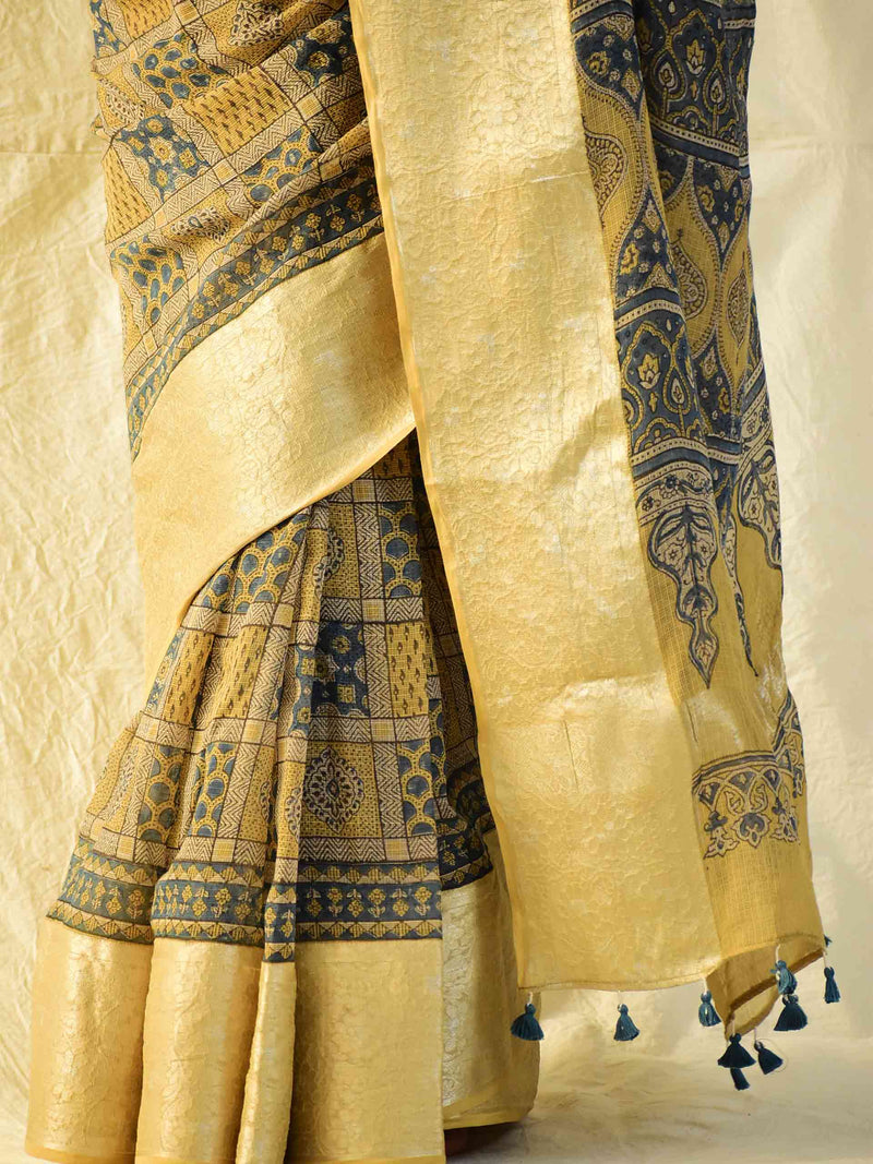 Kaynaat - Ajrakh handloom Kota Doria saree with zari border